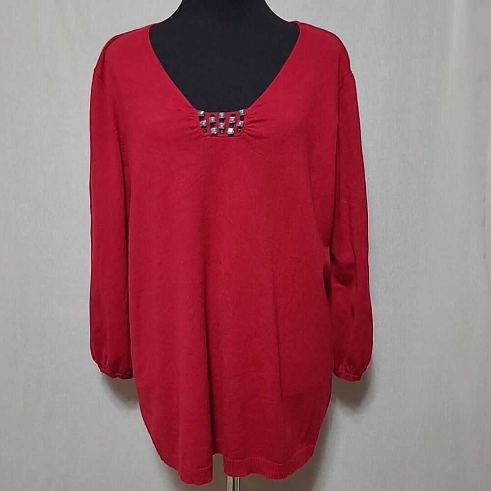 Lane Bryant Crystal Embellished Sweater Womens 18 20 Balloon Sleeve Stretch Red